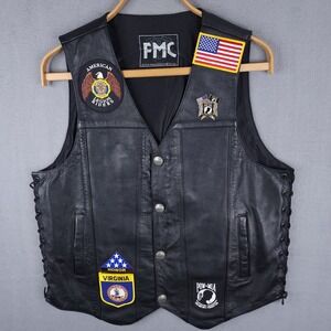 FMC Leather Motorcycle Vest American Legion Mens L Black Biker Patches Y2K